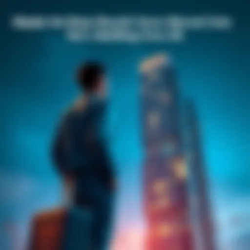 A man looking at a tall apartment building while holding a suitcase, contemplating his future living situation.