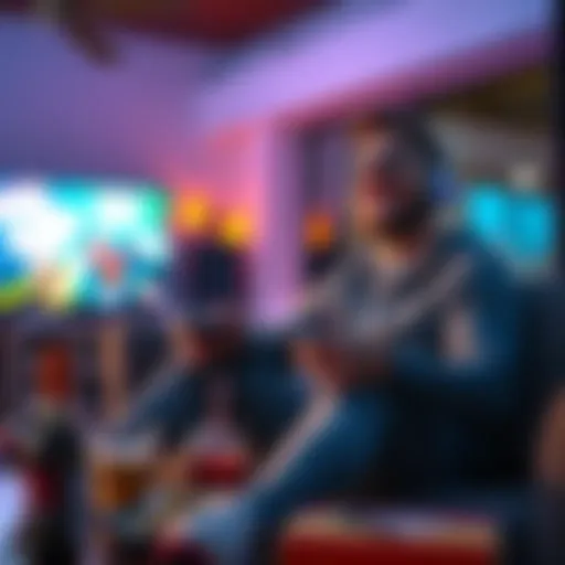 Person enjoying a video game A person smiling while playing a video game on a couch, with snacks and drinks nearby.
