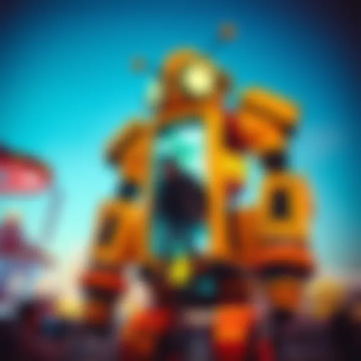 A person excitedly stepping into a large, colorful robot at an amusement park