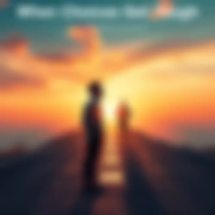 A person standing at a crossroads looking thoughtful, weighing options, with one path leading to a bright horizon and the other into a foggy distance.