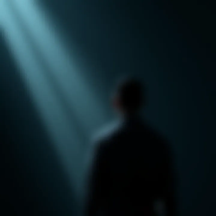 A person standing in front of dark shadows, symbolizing inner demons and personal struggles.