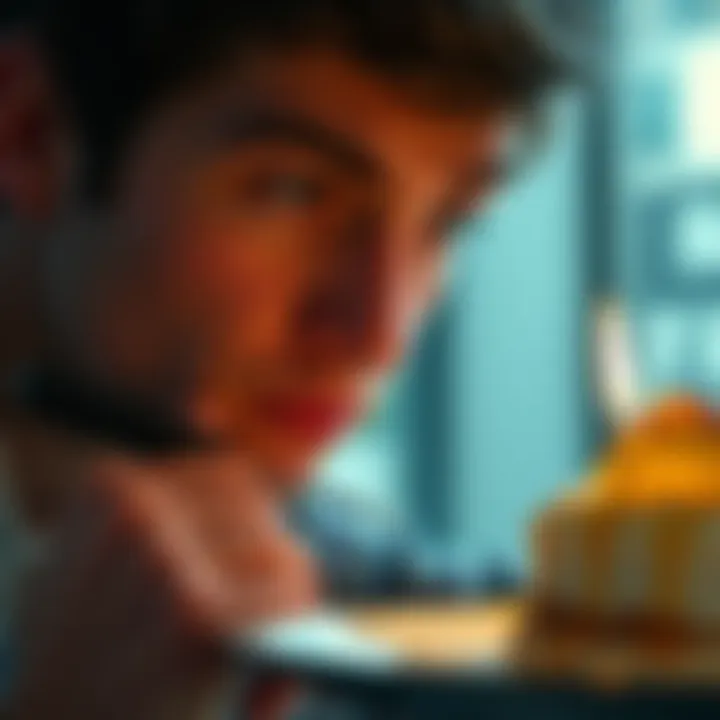 A person looking at a tempting dessert with a thoughtful expression, symbolizing the struggle against temptation