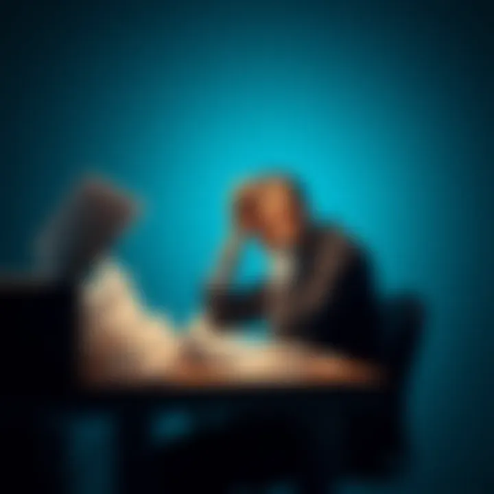Person feeling stuck and frustrated A person sitting at a desk with their head in their hands, looking overwhelmed and unmotivated, surrounded by crumpled papers