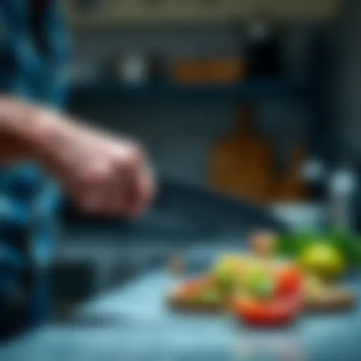 A person confidently handling a sharp kitchen knife while preparing food, highlighting trust in their ability to manage sharp tools safely.