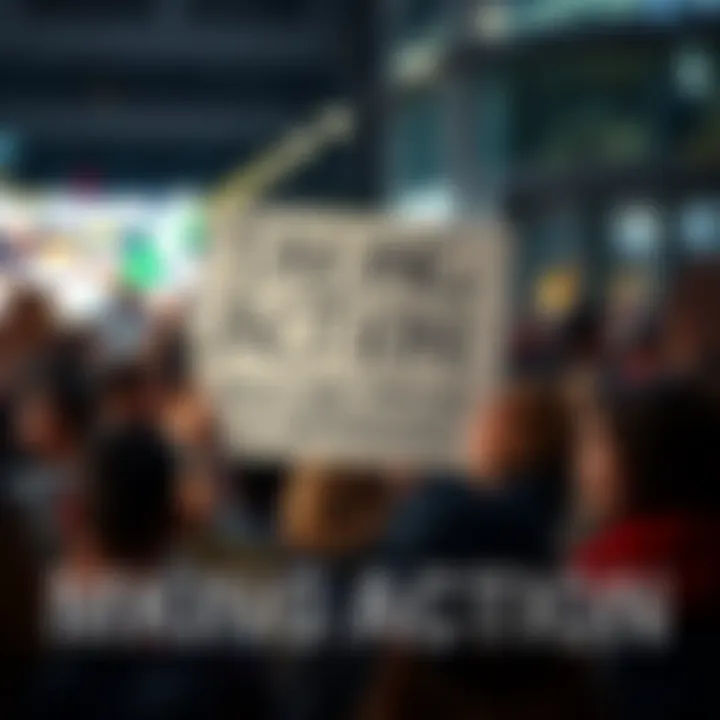 A person stands in a crowd holding a sign advocating for community action and positive change.