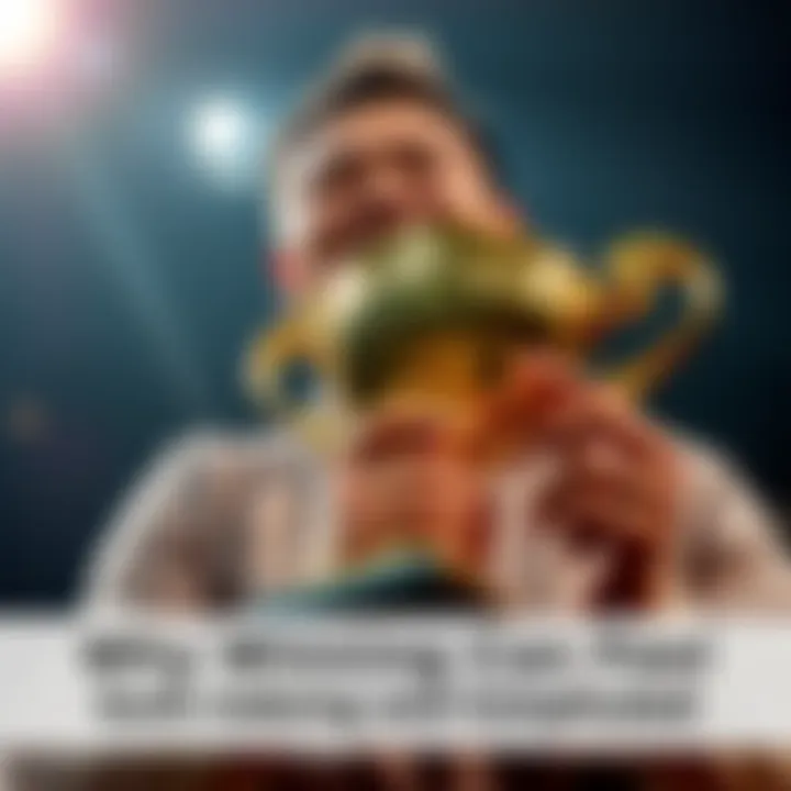 Individual with a trophy showing a mix of happiness and guilt after winning a competition