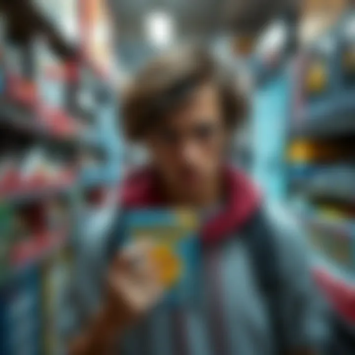 A distressed gaming enthusiast in a retro game store holding a Pokémon game, surrounded by shelves of vintage games, feeling anxious after being accused of theft.