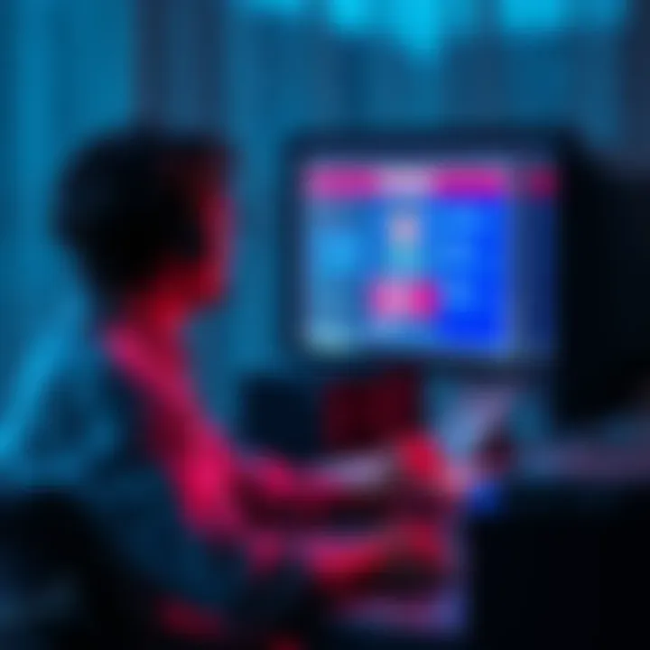 Person looking at a computer screen A person sitting at a desk, concerned while viewing a suspicious profile on a computer screen, representing identity fraud issues.