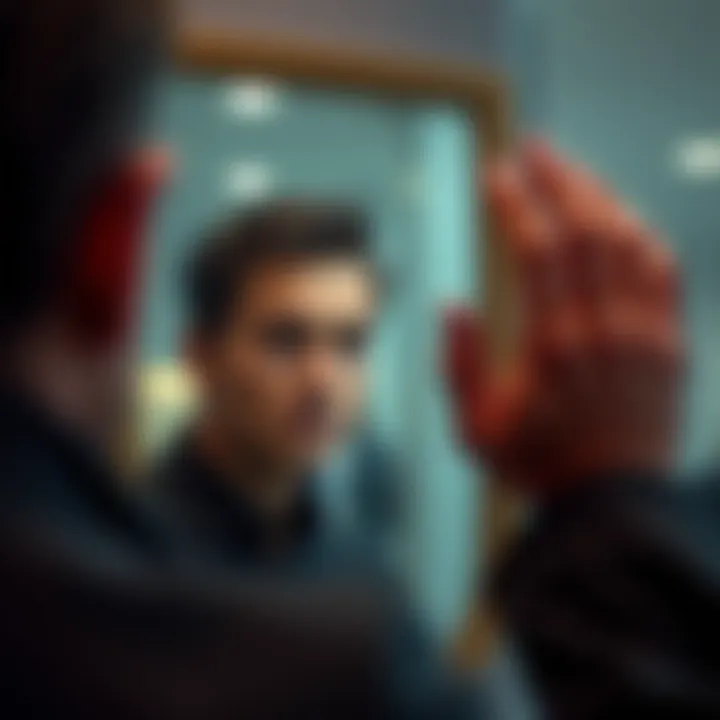 Person looking in a mirror A person gazes into a mirror, reflecting a confident expression, symbolizing perceived power and authority.