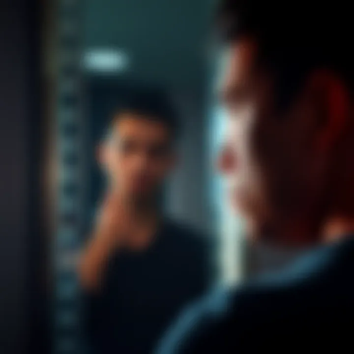 A person gazing at their reflection with a thoughtful expression, symbolizing self-improvement and personal growth