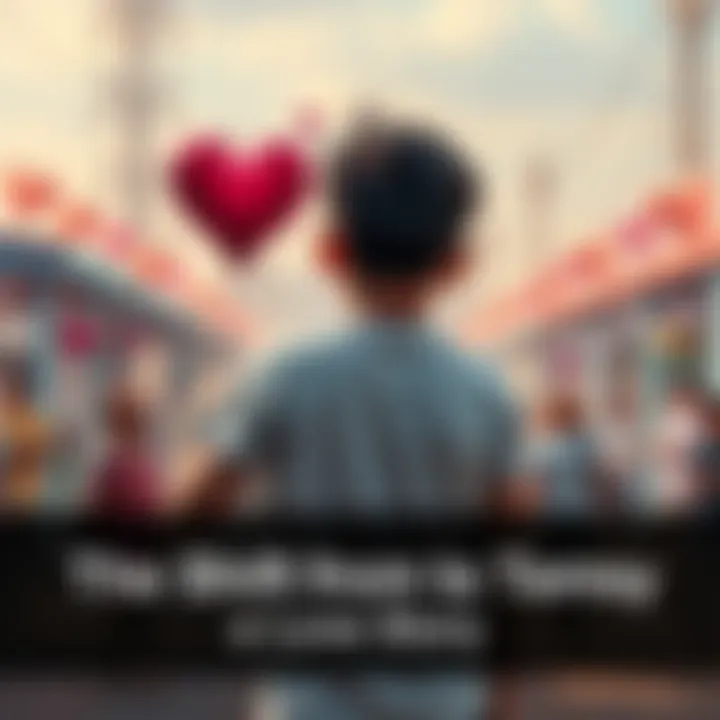 Individual standing with hearts symbolizing affection for Amo, while a vibrant community scene representing Tamsy is in the background.