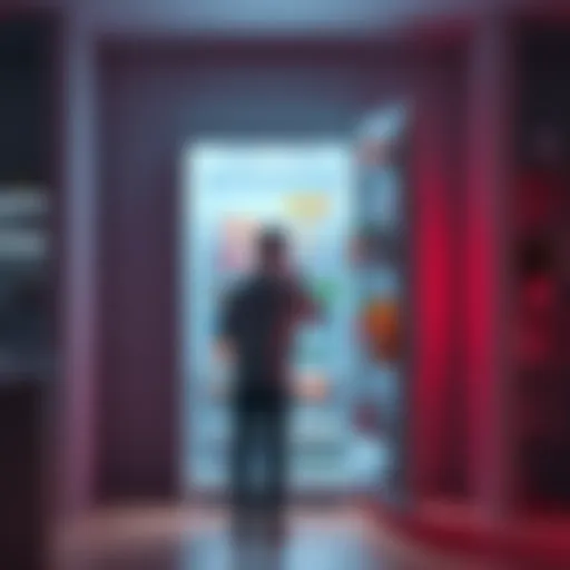 A person standing in front of an open fridge, looking at various food items inside