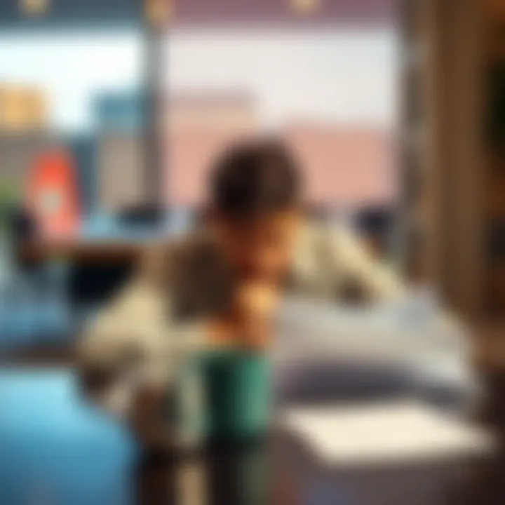 A person sits at a table with a worried expression, weighing options with documents and a coffee cup in front of them.