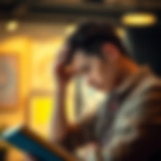 A person with a thoughtful expression, scratching their head while looking at a book or screen, symbolizing confusion over a pun