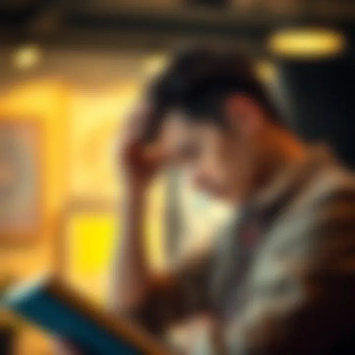 A person with a thoughtful expression, scratching their head while looking at a book or screen, symbolizing confusion over a pun