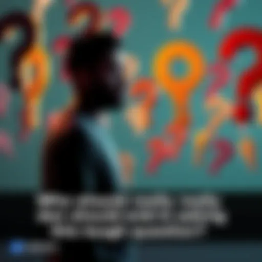 A person stands in thought surrounded by floating question marks representing tough societal questions.