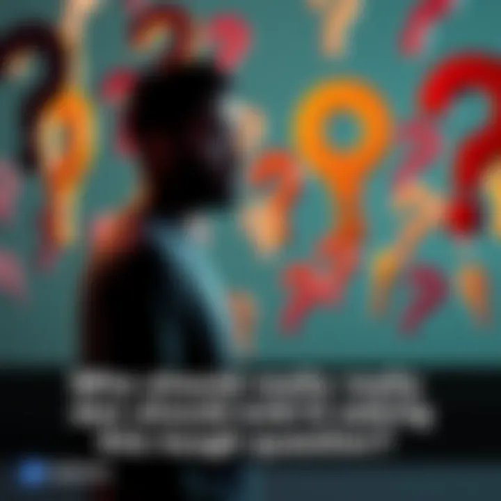 Person pondering while looking at question marks A person stands in thought surrounded by floating question marks representing tough societal questions.