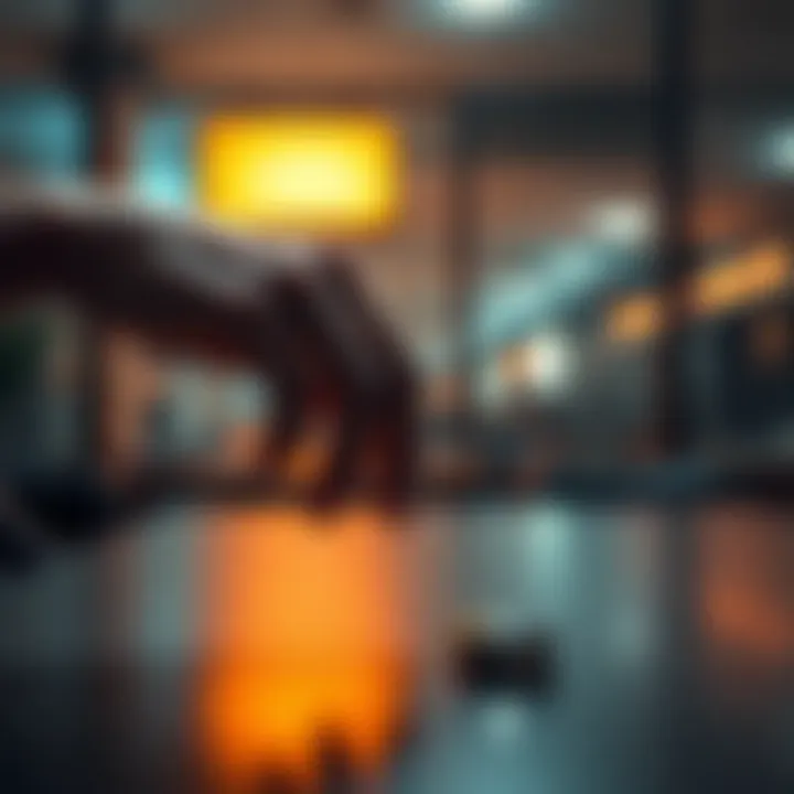 A person reaching out with their hand toward a small, shiny object on a table, representing temptation and desire.