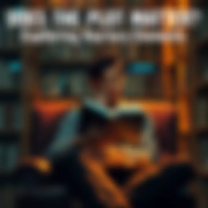 A person sitting in a cozy chair, reading a book and pondering the plot's significance, surrounded by warm lighting and bookshelves