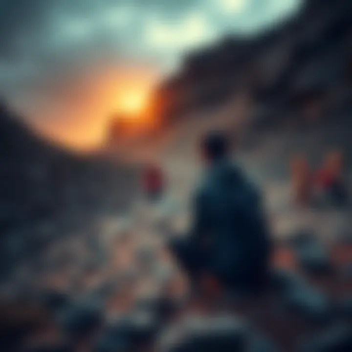 A person sitting on a rocky path, deep in thought, contemplating their struggles and growth through suffering.