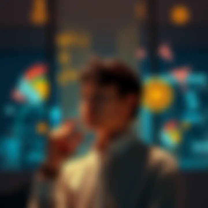 A thoughtful individual pondering their personal value and qualities in a modern setting, surrounded by symbolic representations of traits like kindness, honesty, and success.