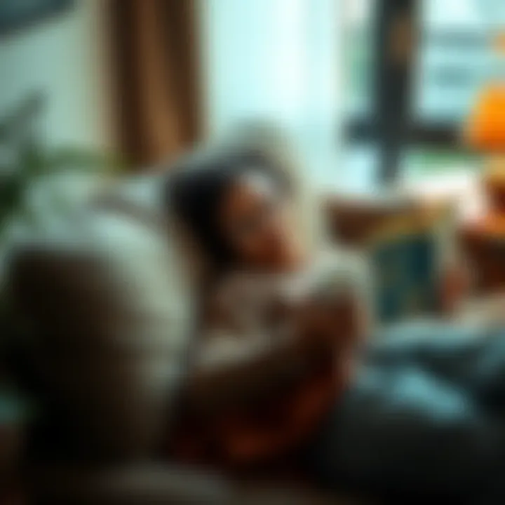 A person lounging on a couch with a book and a cup of tea, enjoying a restful moment.