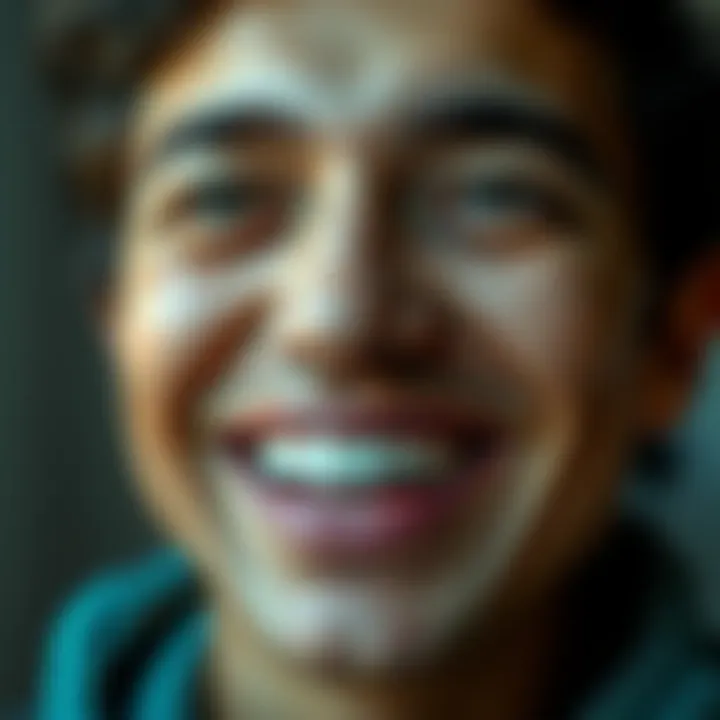 Close-up of a person smiling, showing their teeth and eyes sparkling with joy