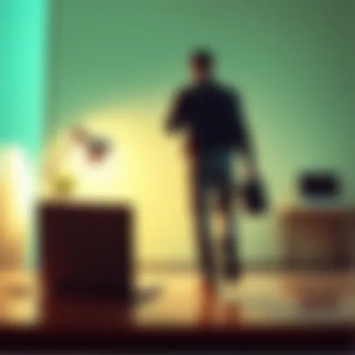 A person walking away from a desk with a laptop, symbolizing a temporary break from online activities