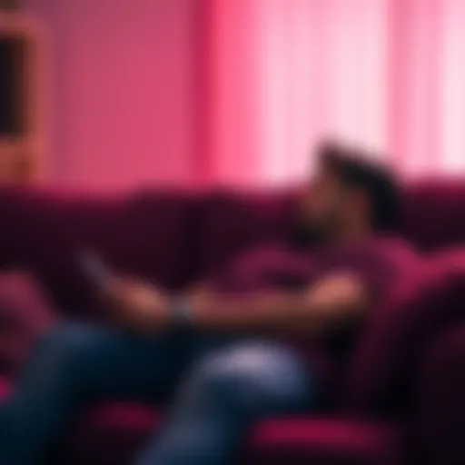 A person relaxing on a couch with a remote control, contemplating taking a break after watching several episodes of a show.