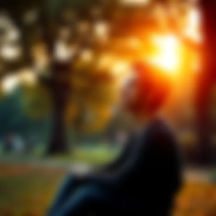 A person pondering with a thoughtful expression A person sitting in a park, looking pensive while surrounded by nature, symbolizing curiosity and questioning life.