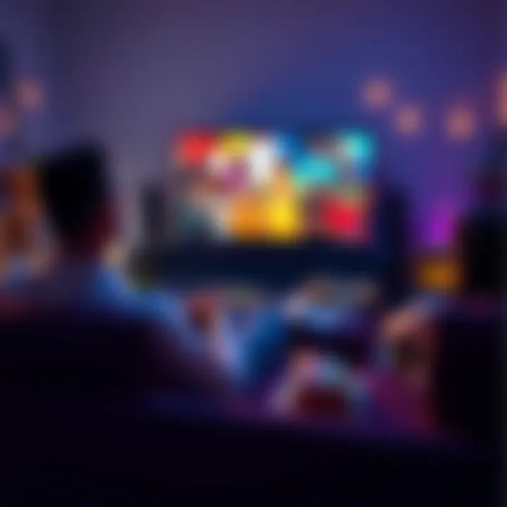 A person sitting comfortably on a couch, watching a favorite TV show with snacks nearby