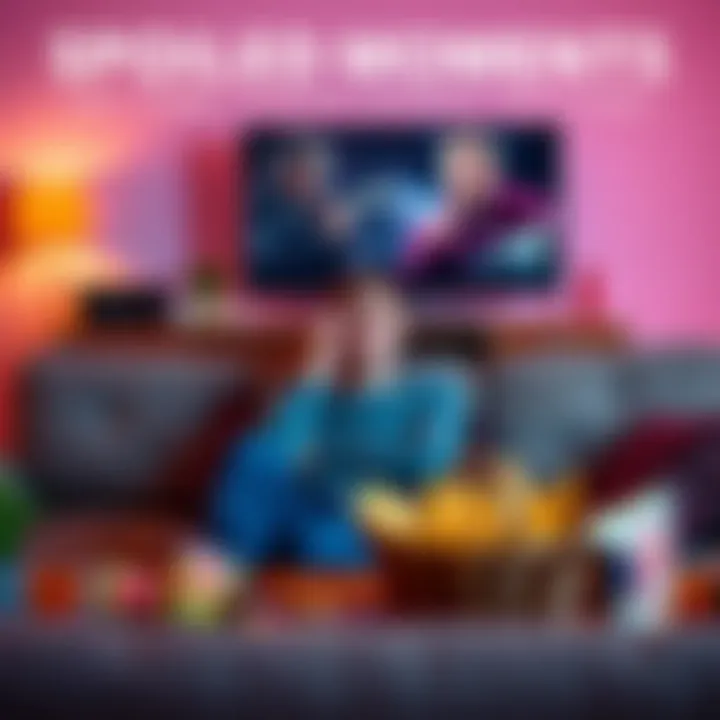 A person sitting on a couch with a sad expression while watching a TV show, surrounded by snacks