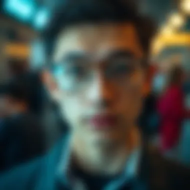 Person wearing glasses without a nose A person showcasing glasses that do not require nose support, illustrating a unique style of eyewear.