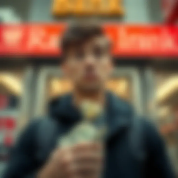 A person looking confused while holding a bag of money in front of a bank, with a sign showing 'Rank' in the background.