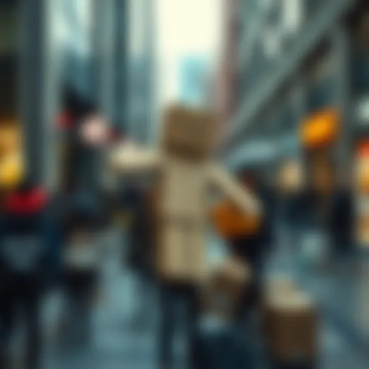 A person holding a life-size figure made of cardboard, demonstrating how to transport it safely in a public area.