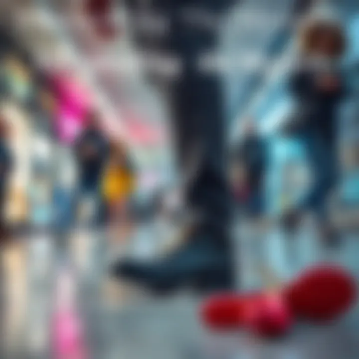 A person swiftly changing shoes in a busy area, attracting the attention of bystanders.