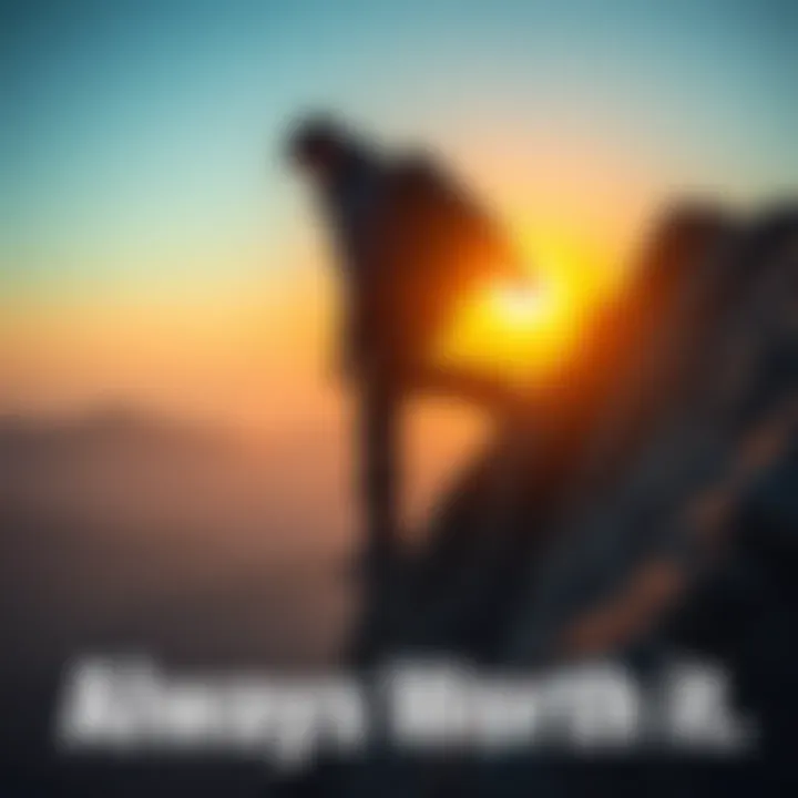 Person climbing a mountain A determined individual climbing a steep mountain as the sun rises behind them, symbolizing perseverance and success