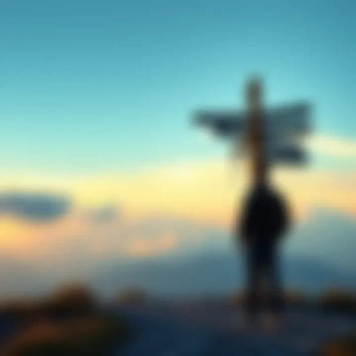 A person looking at a signpost with multiple directions, symbolizing choices and new beginnings.