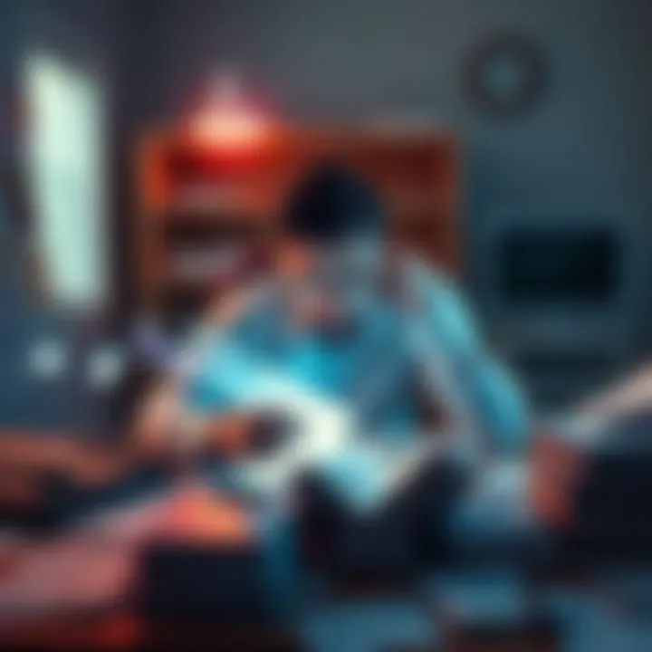 A person sitting at a desk, looking stressed with bills and paperwork scattered around, while a glowing aura suggests a hidden power within them.