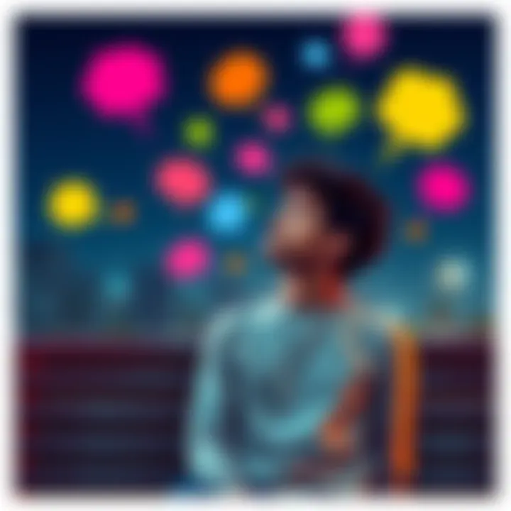 A person sitting on a bench, gazing up with a thoughtful expression surrounded by colorful thought bubbles symbolizing creativity and imagination.