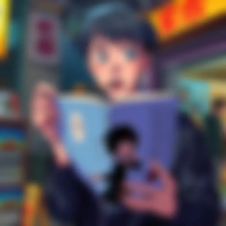 A person holding and pretending to eat a manga book featuring the character Lain, with surprised expression
