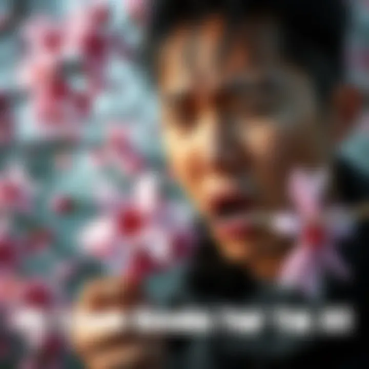 A person with an intense expression, showing frustration while holding a cherry blossom, symbolizing their focus on Sakura above all else.