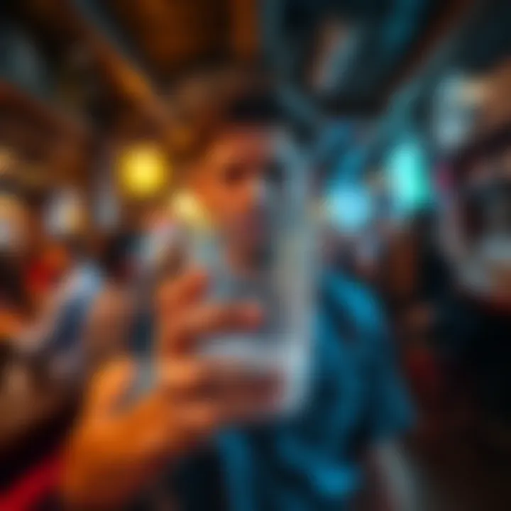 A person looking frustrated while holding an empty drink cup in a busy bar setting, humorously contemplating revenge on a drink thief