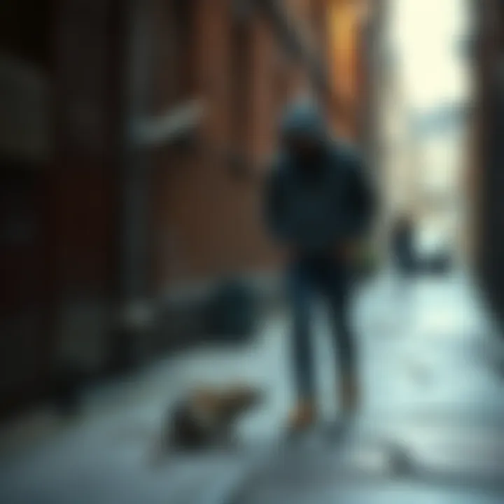 A surprised individual stands in a city alley staring at a rat on the ground, highlighting the moment of confrontation and decision-making.