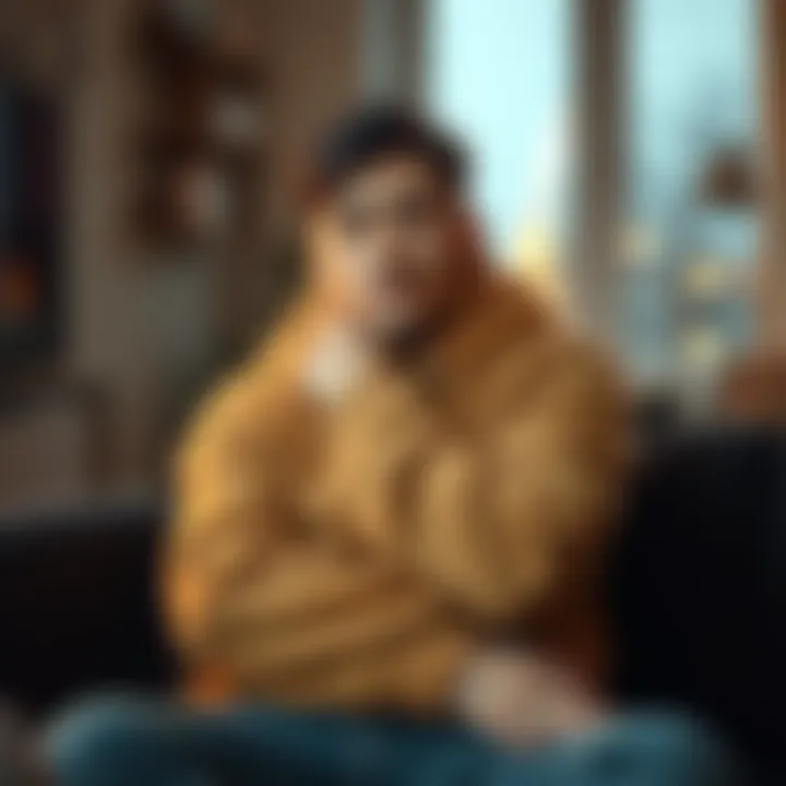 A person sitting alone with a thoughtful expression, arms wrapped around themselves as if feeling a chill from within, in a cozy indoor setting.