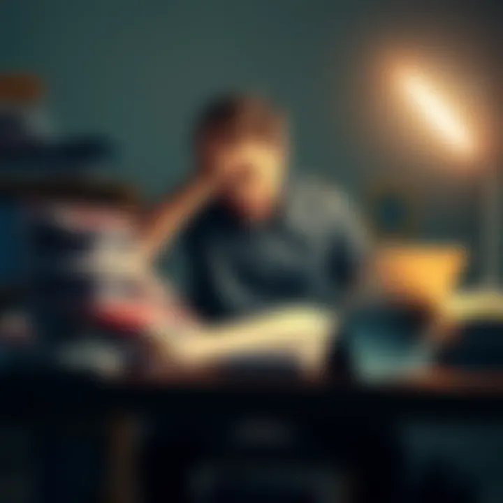 A person sitting at a desk, holding their head in frustration surrounded by piles of papers and a laptop, showing signs of stress and overwhelm.