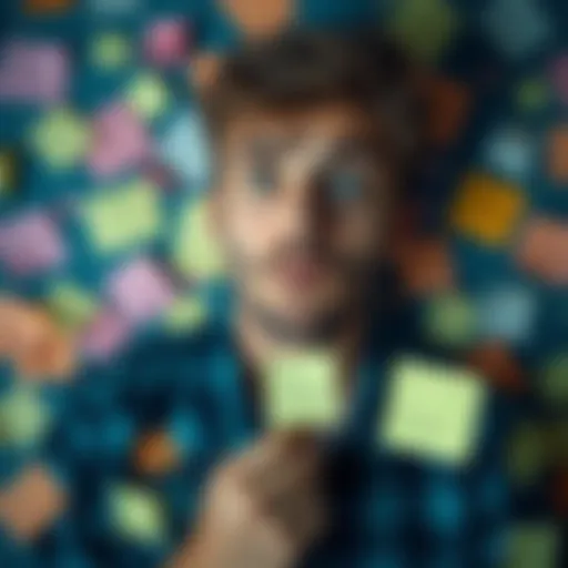 A person looking confused, surrounded by scattered sticky notes and reminders, symbolizing forgetfulness.