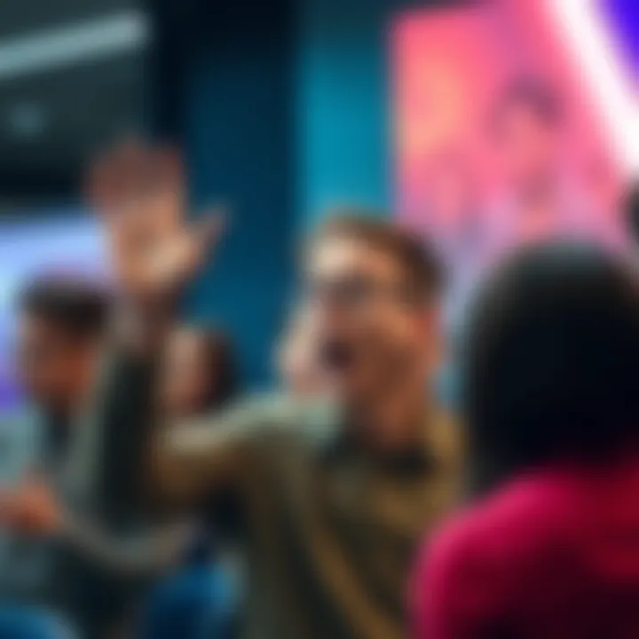 Person Guessing Correctly A person with a surprised expression raises their hand after guessing an answer correctly, while others show disbelief around them.