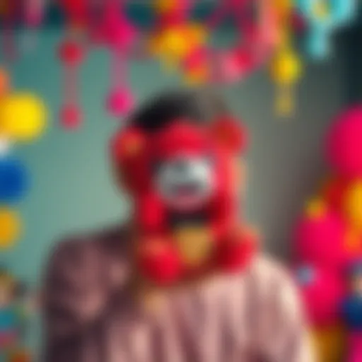 An individual happily holding a bootleg fumo plush toy, surrounded by colorful background decorations.