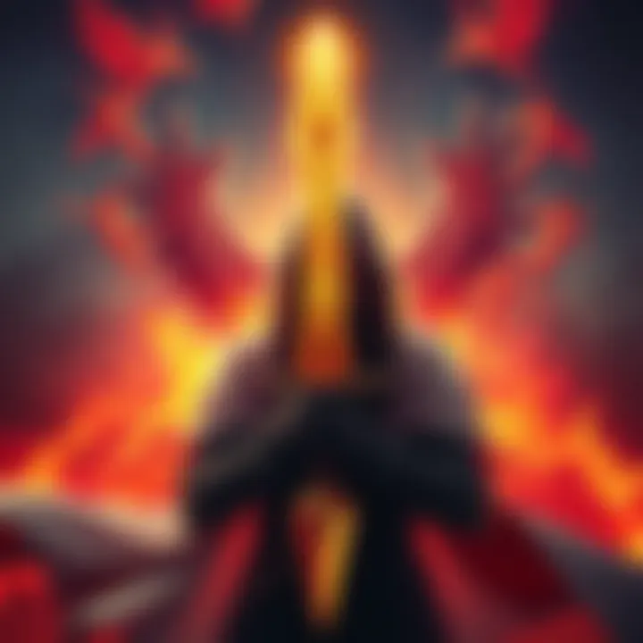 Person holding a divine weapon A person appears contemplative while holding a glowing sword, surrounded by symbols of life and death.